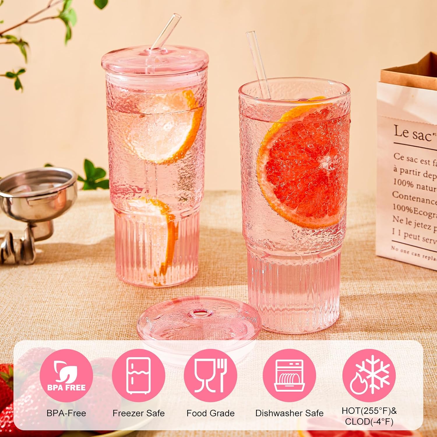 Detalle de GOSCHE 24oz Glass Cups with Lids and Straws (2 Pack) – Borosilicate Glass Tumbler with Handle