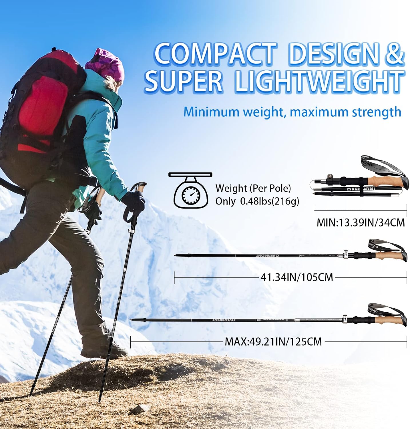 Detalle de Overmont OM-Trekking Poles-Folding-Aluminium wandelstokken, opvouwbaar, 2 stuks