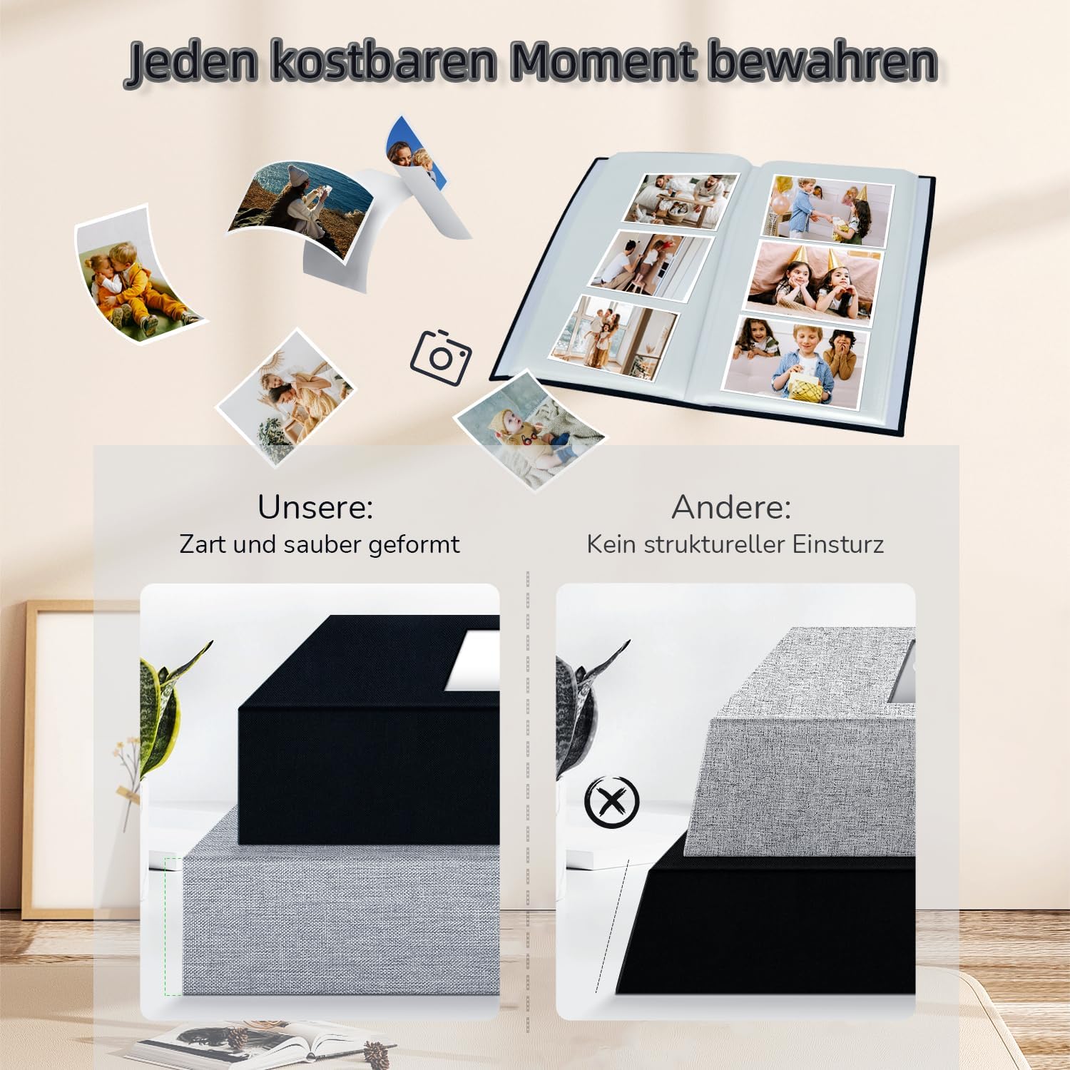 Detalle de Popotop Fotoalbum 10 x 15 cm – Leinen Einsteckalbum für 100–600 Fotos (Black)