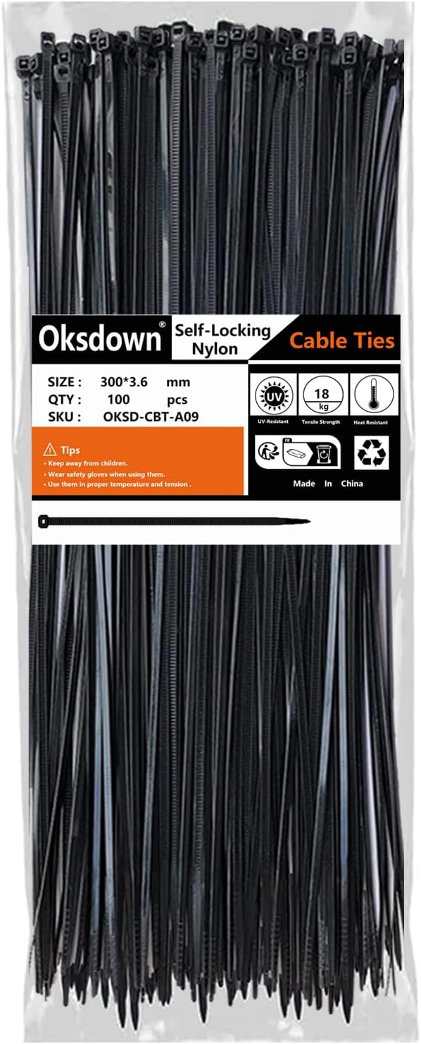 Oksdown 300mm Black Cable Ties 100 pack