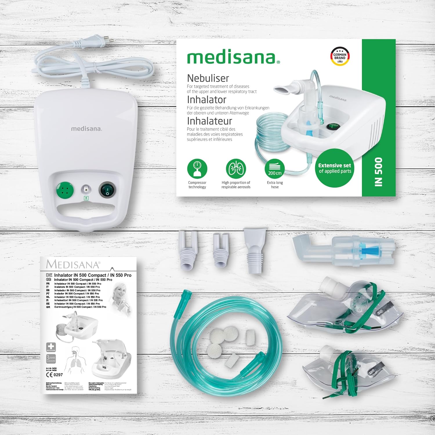 Detalle 2 de Medisana IN 500 Inhalator: Kompressor-Nebulizer mit Mundstück und Maske – inklusive Zubehör für Erwachsene und Kinder