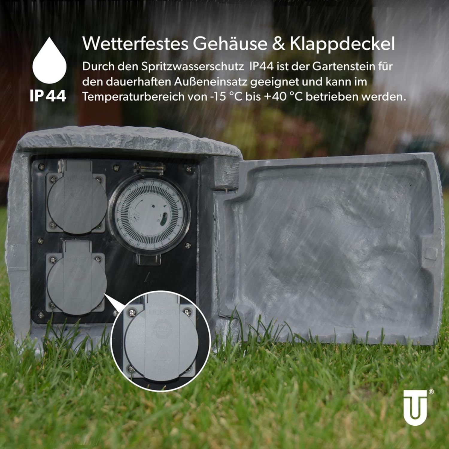 Detalle de UNITEC Steckdosenverteiler für den Garten in Steinoptik – Außensteckdose IP44, 2 Steckdosen, Zeitschaltuhr