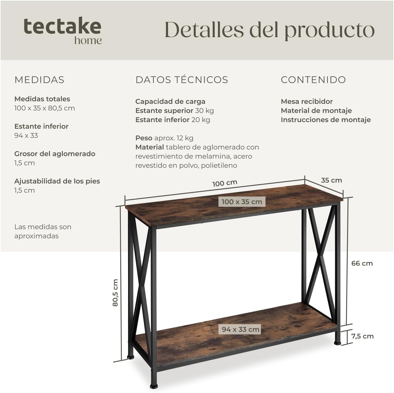 Thumbnail 2 de TecTake® Mesa Consola Recibidor Estilo Industrial 🏠 Madera Oscura
