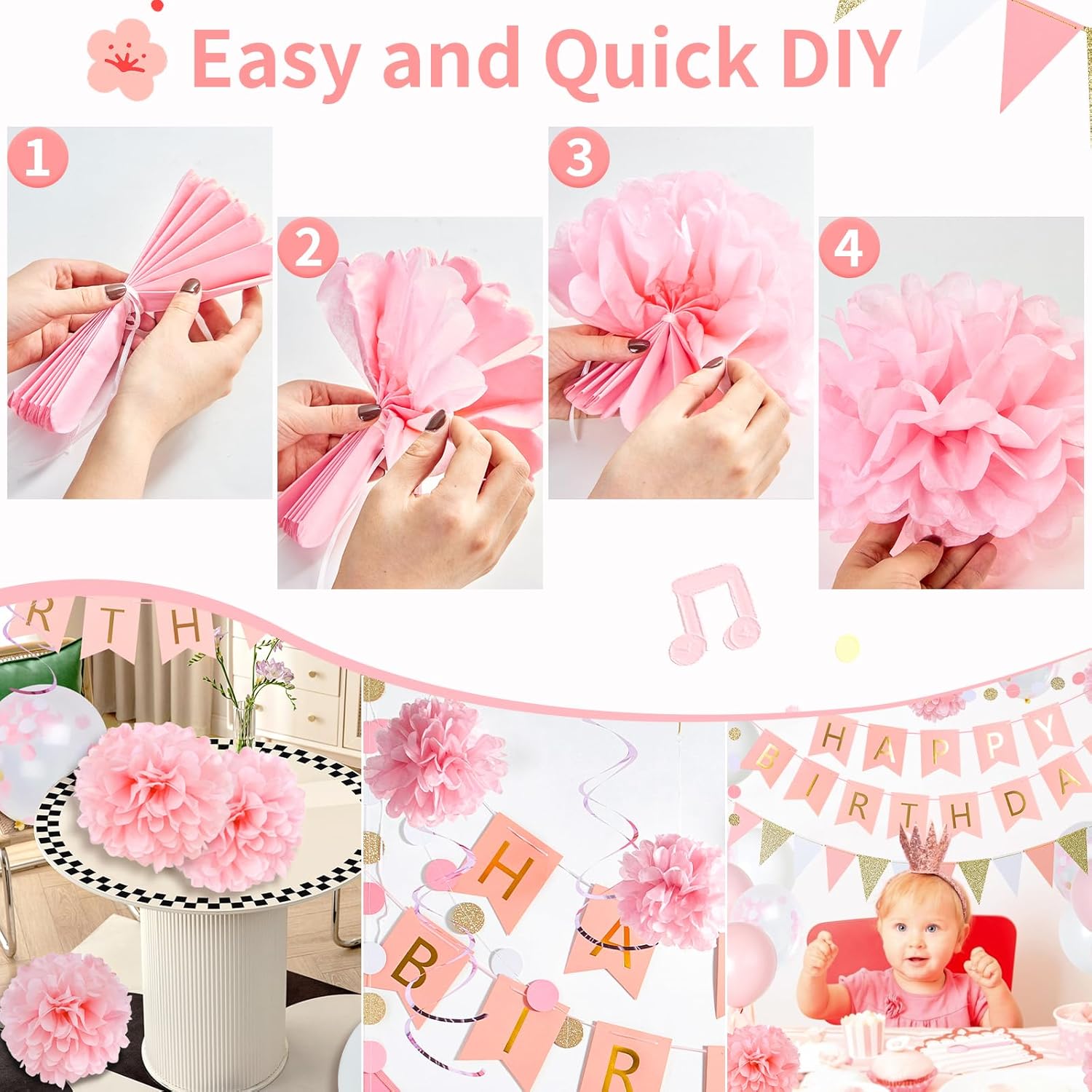 Thumbnail 2 de SUNBEAUTY 36 Stück Rosa Geburtstags Deko-Set – Komplettset für Mädchengeburtstage und Baby-Partys