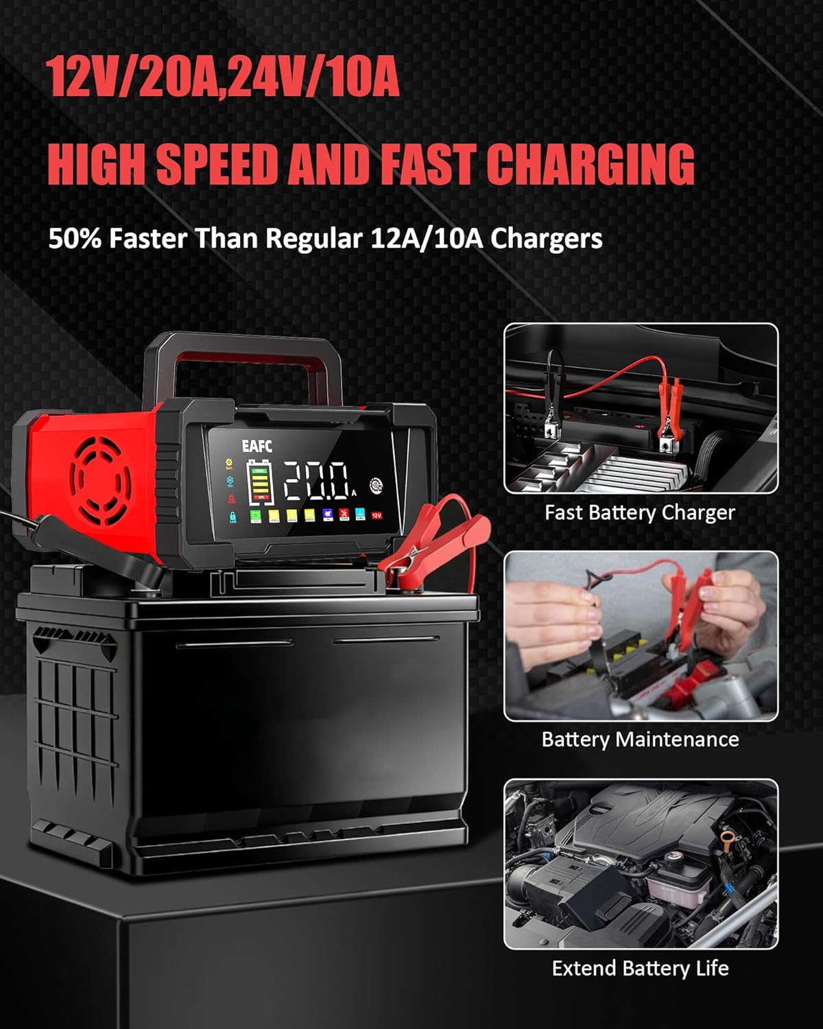 Detalle de EAFC 20Amp 12V/24V Smart Car Battery Charger & Maintainer with LCD Display