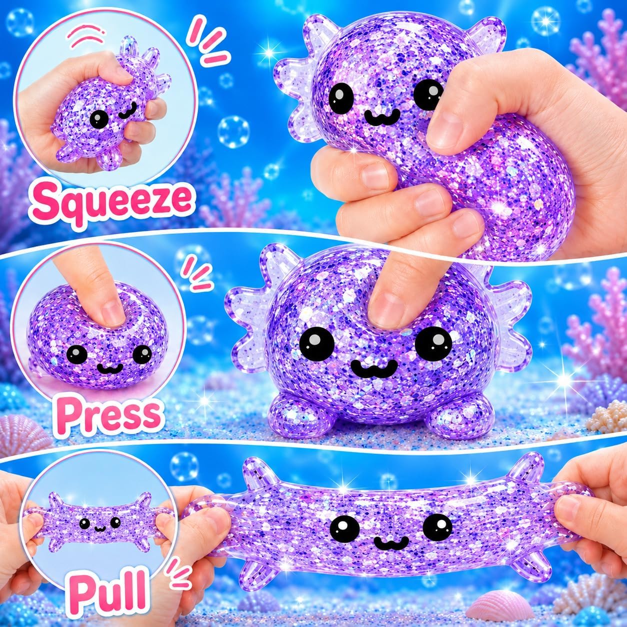 Detalle de 12-Pack Axolotl Squishy Toys for Kids – Glittery Stress Balls & Fidget Set