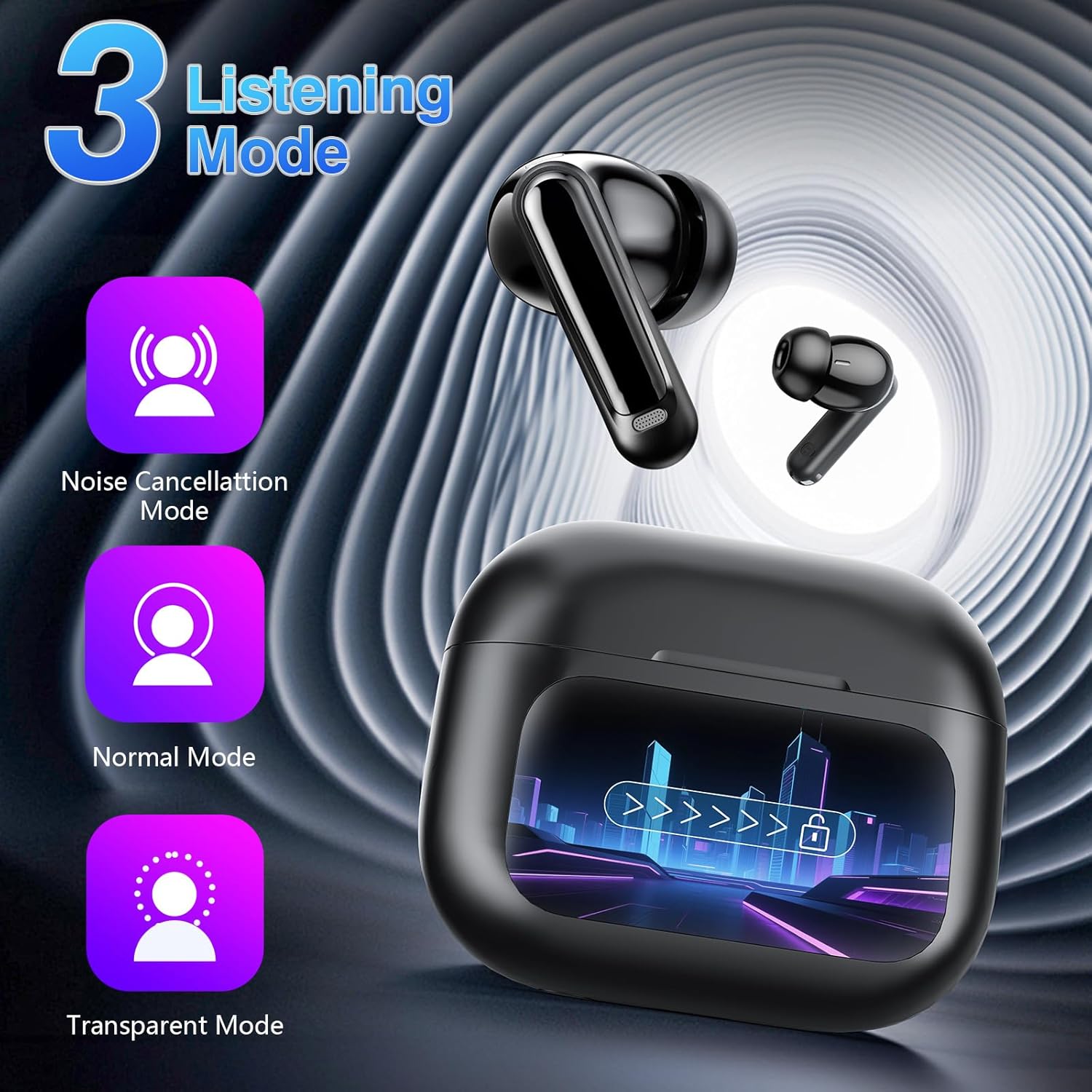 Detalle 2 de 2026 Wireless Earbuds with ANC, Transparency Mode and Touchscreen Charging Case