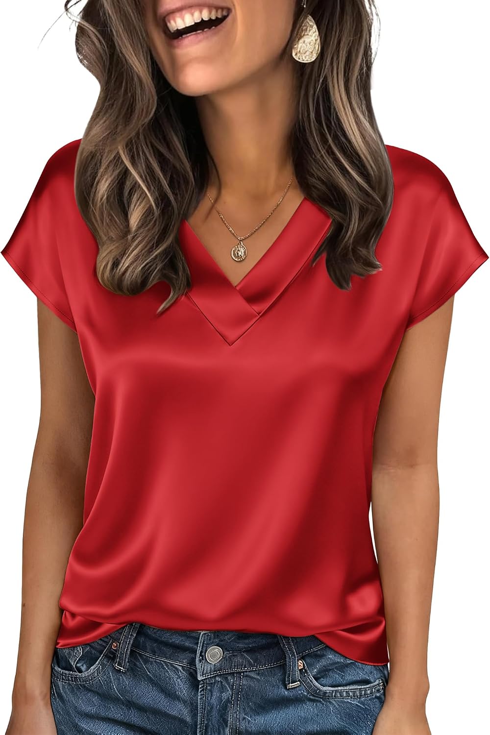 Detalle 2 de Zeagoo Silk Satin Tops V Neck S-2XL
