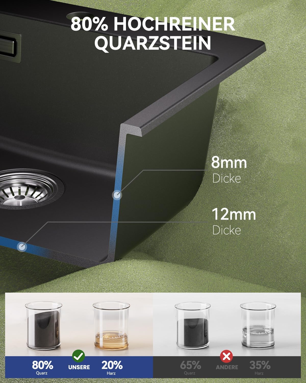 Thumbnail 2 de Sofetiy Küchenspüle Schwarz Granit 50x45cm – Spüle mit 2 Hahnlöchern, 1 Becken