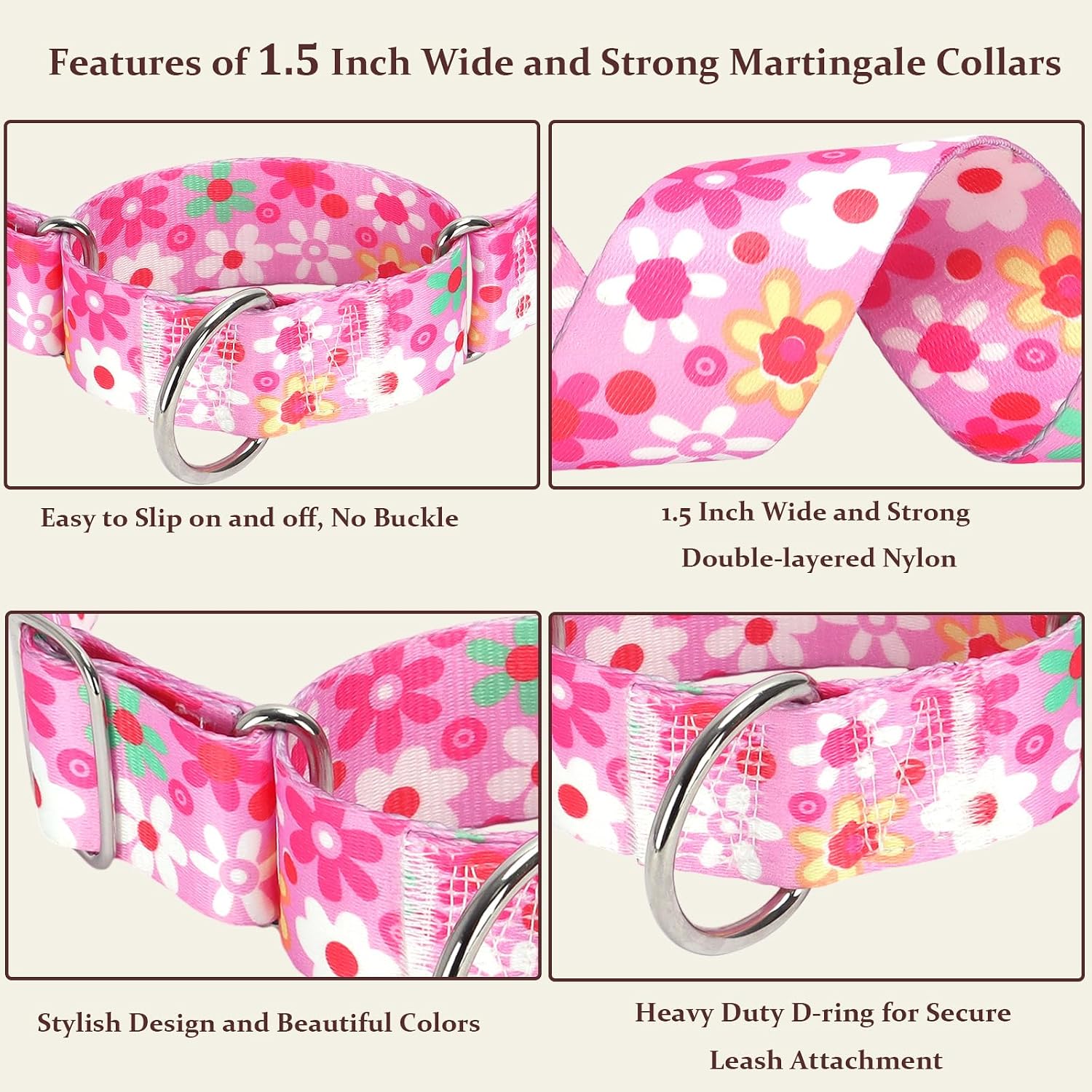 Thumbnail 2 de MAOWUWUJOZ Pink XL Martingale Dog Collar, 1.5-Inch Adjustable Nylon