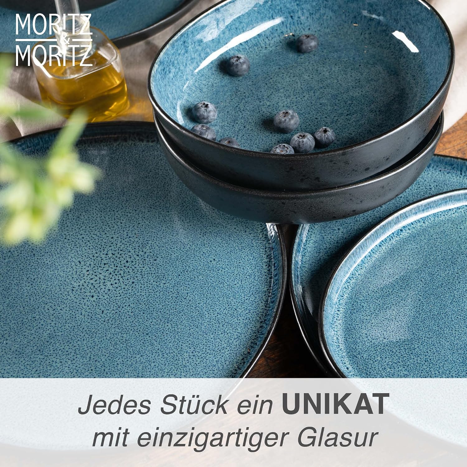 Detalle de Moritz & Moritz ORGANIC 18-teiliges Geschirrset für 6 Personen (Steinzeug, Blau)