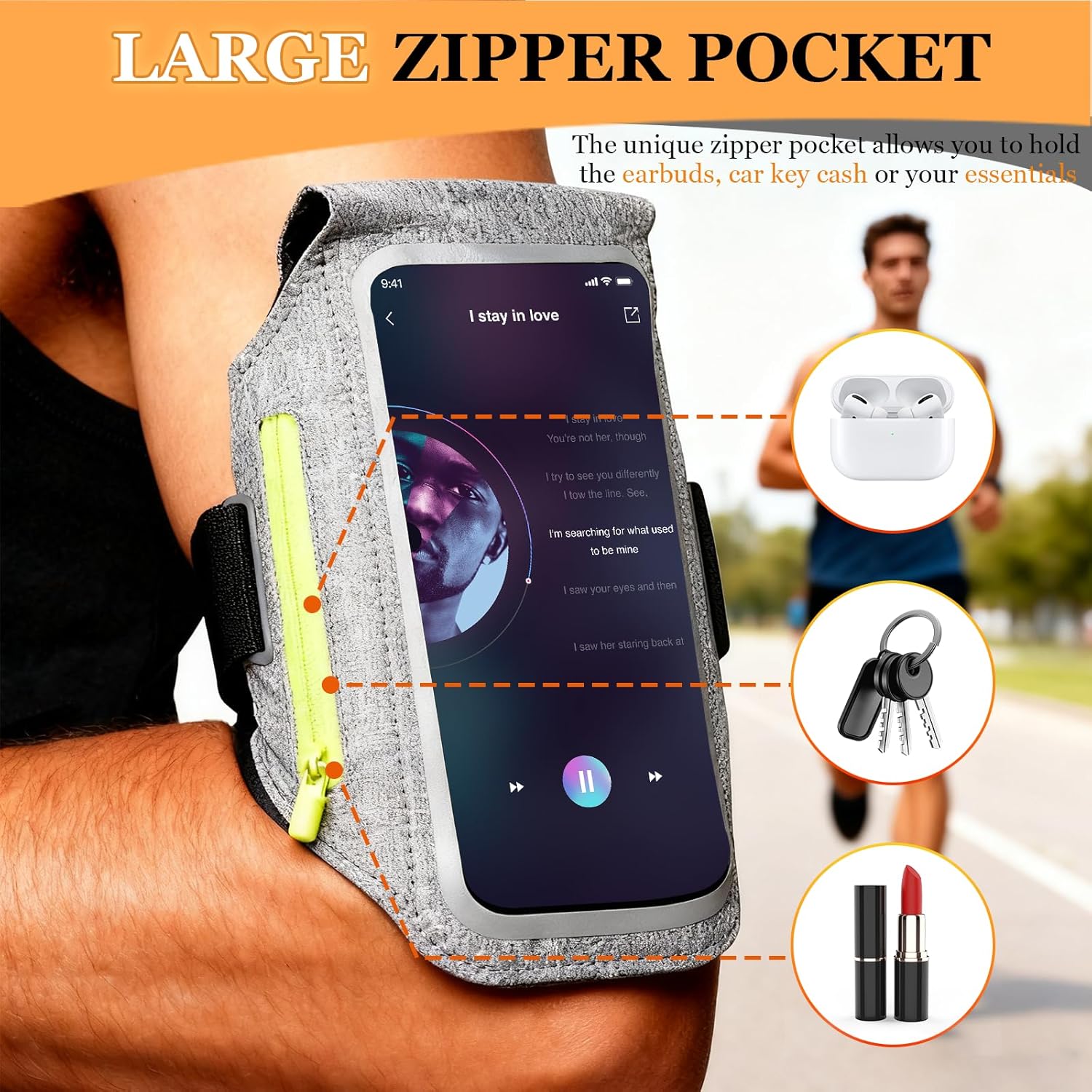 Detalle de Sportarmband mit Kopfhörer Tasche – Joggen-Hülle kompatibel mit iPhone 16 Pro Max / 15 Pro / 14 / 13 Pro / 12 Plus und Huawei P70 Pro