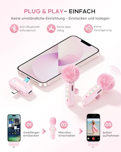 Detalle 2 de Bayanbulu Kabelloses Lavalier-Mikrofon für iPhone, iPad und Android – Rosa