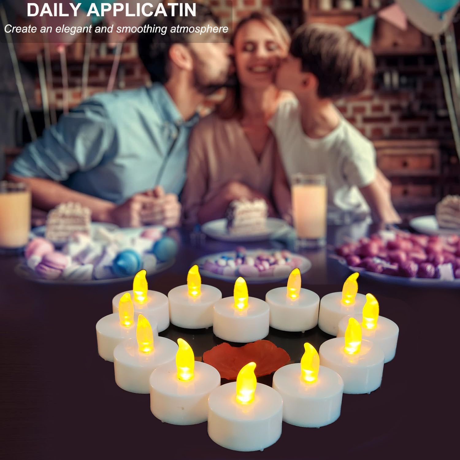 Detalle de 12 Pack Flickering Battery-Operated Flameless LED Tea Lights with Timer (6 Hours On / 18 Hours Off) – Warm Yellow