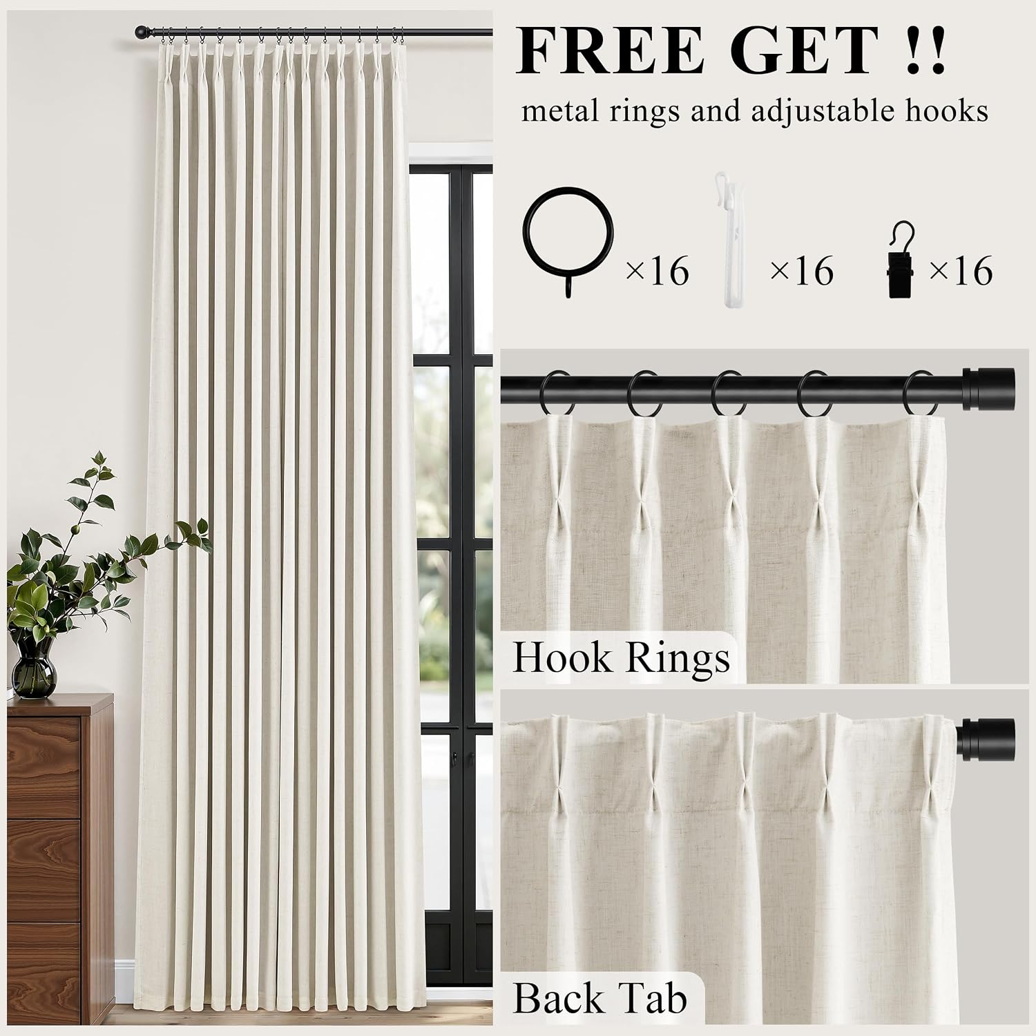 Thumbnail 6 de Jowels Pinch Pleated Blackout Linen Curtains, 102-Inch, Natural, 2 Panels