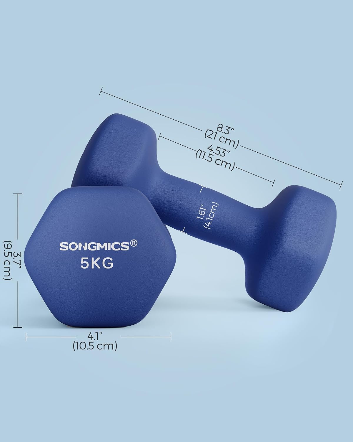 Thumbnail 6 de SONGMICS Hex Dumbbells, 2 x 5 kg, Neoprene-Coated, Port Blue