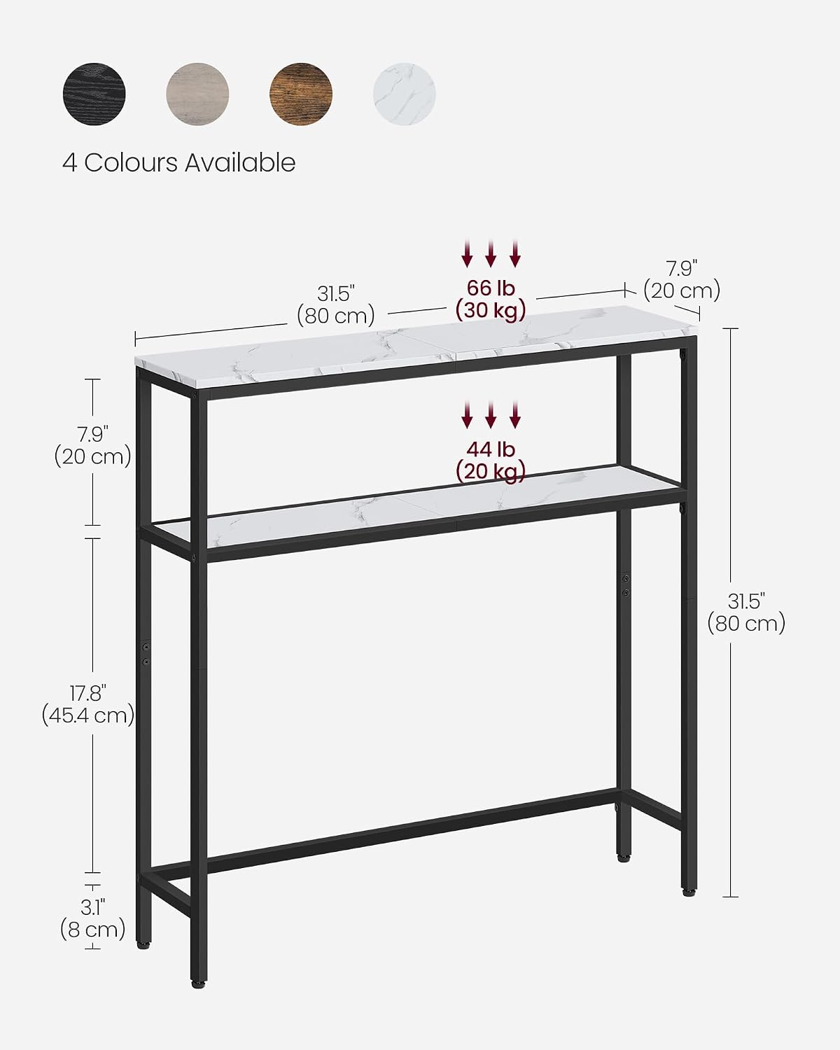 Detalle de VASAGLE LNT130W59 2-Tier Console Table, 20 x 80 x 80 cm, Marble White and Ink Black