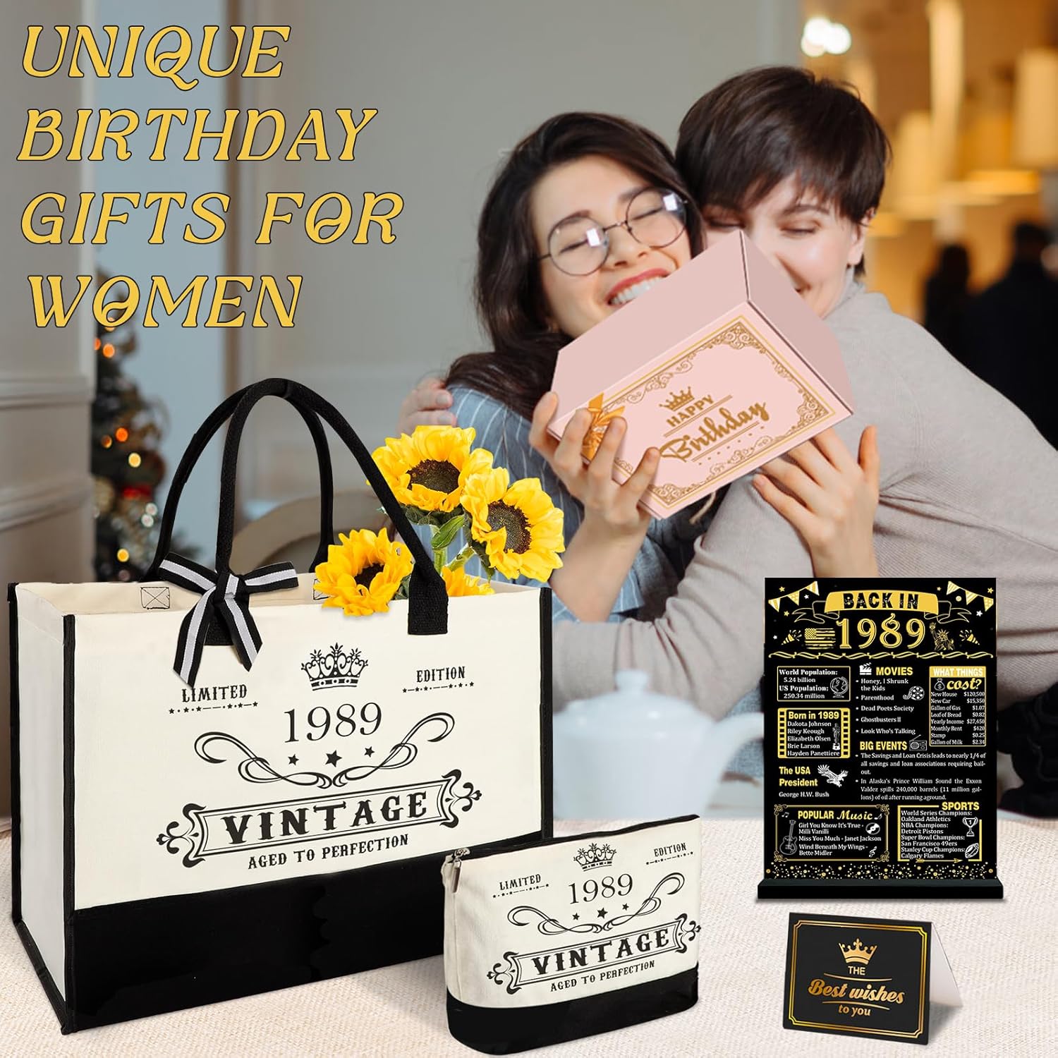 Thumbnail 6 de YeohJoy 37th Birthday Gifts Canvas Tote Bag Set (1989 Theme) for Her