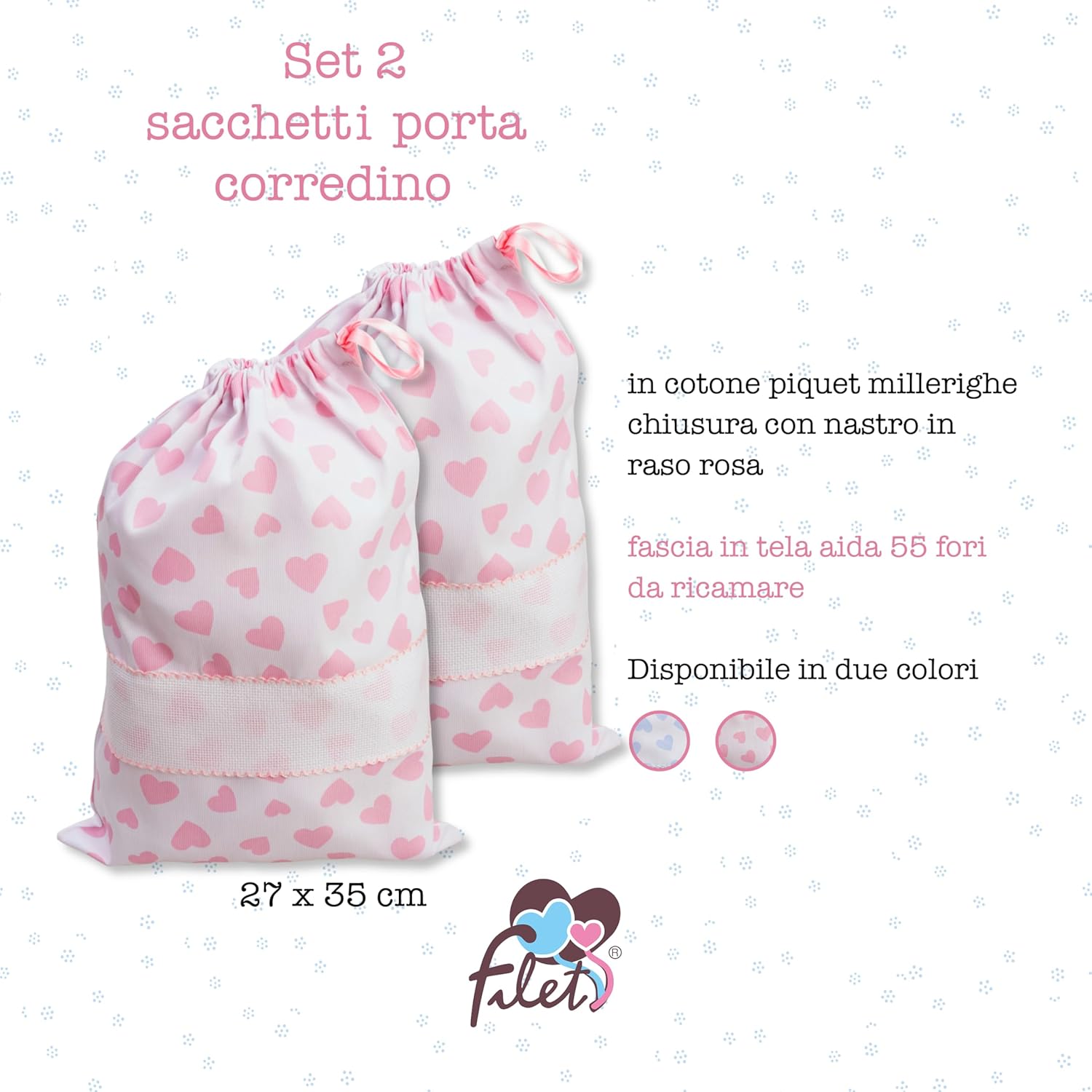 Thumbnail 1 de FILET - Set 2 Sacchetti Porta Corredino da Ricamare in Piquet di Cotone con Cuori Rosa, Made in Italy