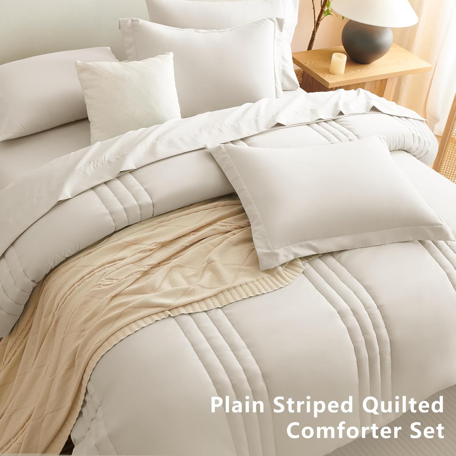 Thumbnail 3 de CozyLux Queen Size 7-Piece Comforter Set (Beige) with Sheets & Down-Alternative Comforter