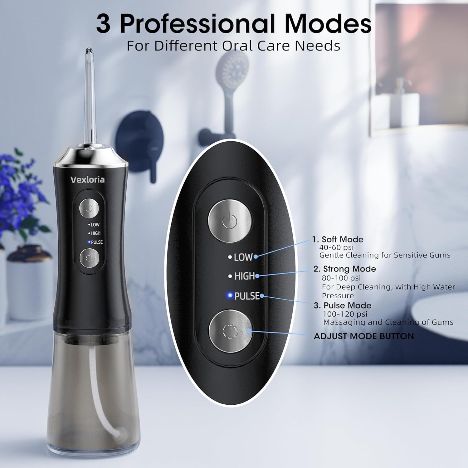 Detalle de Vexloria Cordless Water Flosser with 320ml Tank, 5 Modes, USB-Powered