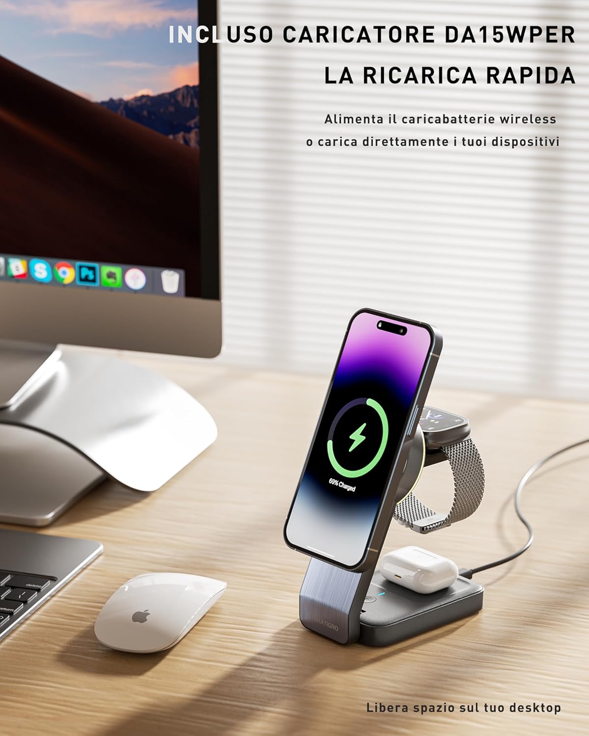 Thumbnail 2 de Tigratigro Caricatore Wireless 3 in 1 con Mag-Safe: supporto pieghevole per iPhone, AirPods e Apple Watch