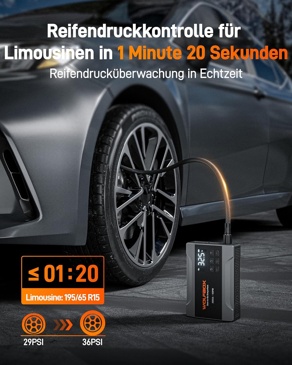 Thumbnail 3 de WOLFBOX 2000A Starthilfe Powerbank mit Luftkompressor (150 PSI) und LED-Notlicht, 10.000 mAh