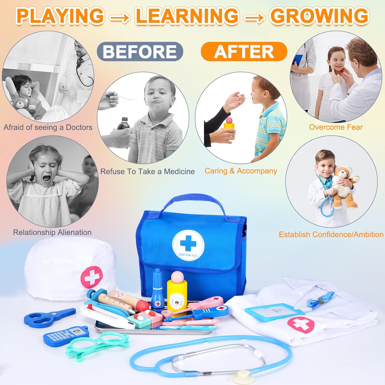 Thumbnail 2 de TGTT Doctors Set for Kids: Wooden Doctor Kit with Real Stethoscope and Portable Bag
