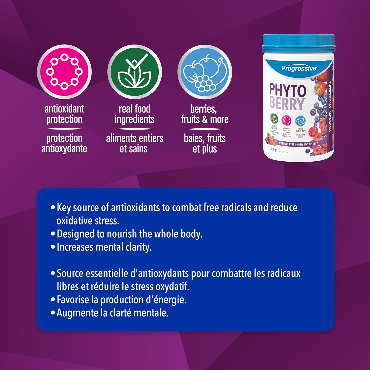 Detalle de Progressive PhytoBerry Antioxidant Powder, Natural Berry Flavour, 450 g