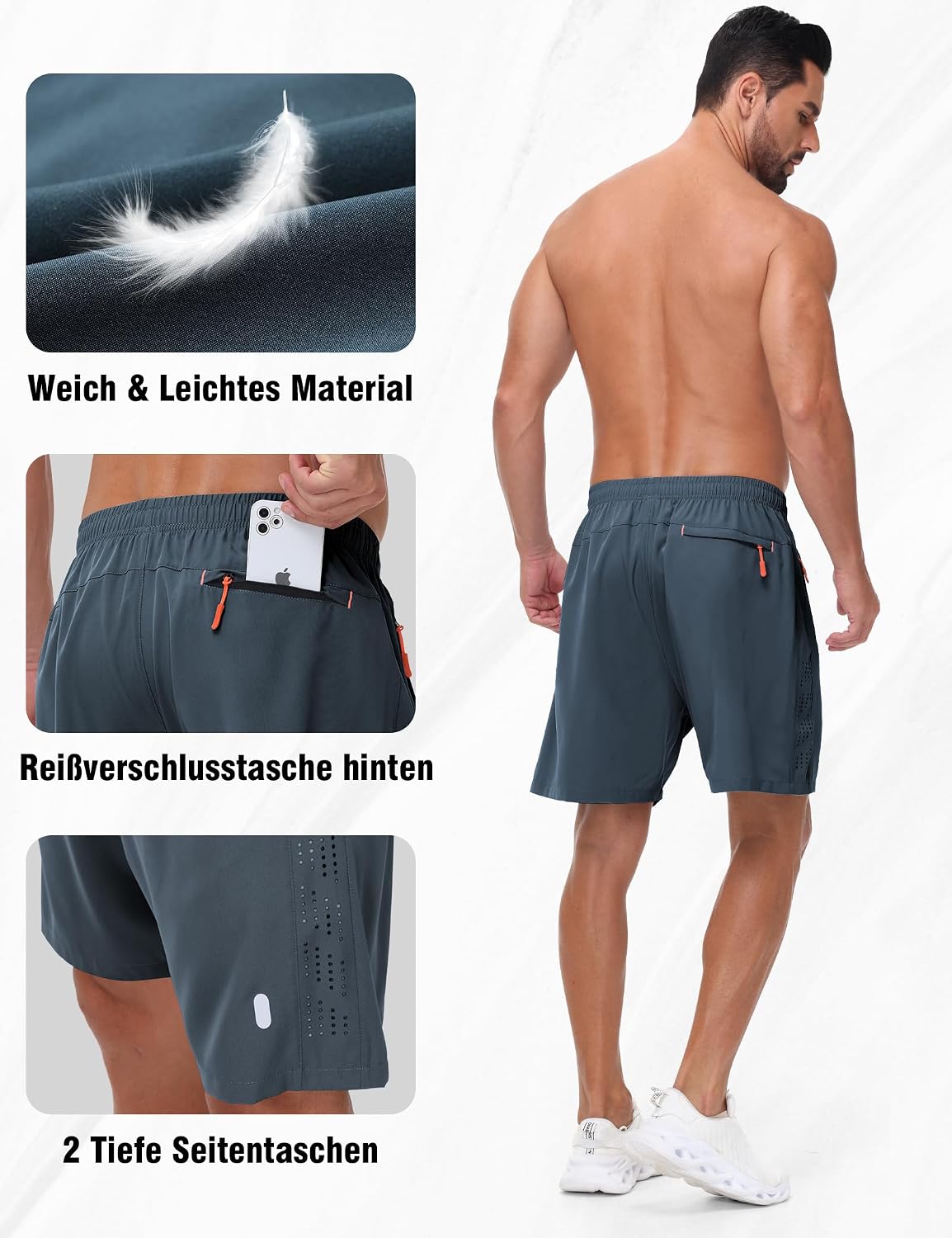 Detalle de Kuzwufs Herren Sportshorts Kurz – Atmungsaktiv, Dry-Fit, 2er Pack mit Reißverschlusstaschen