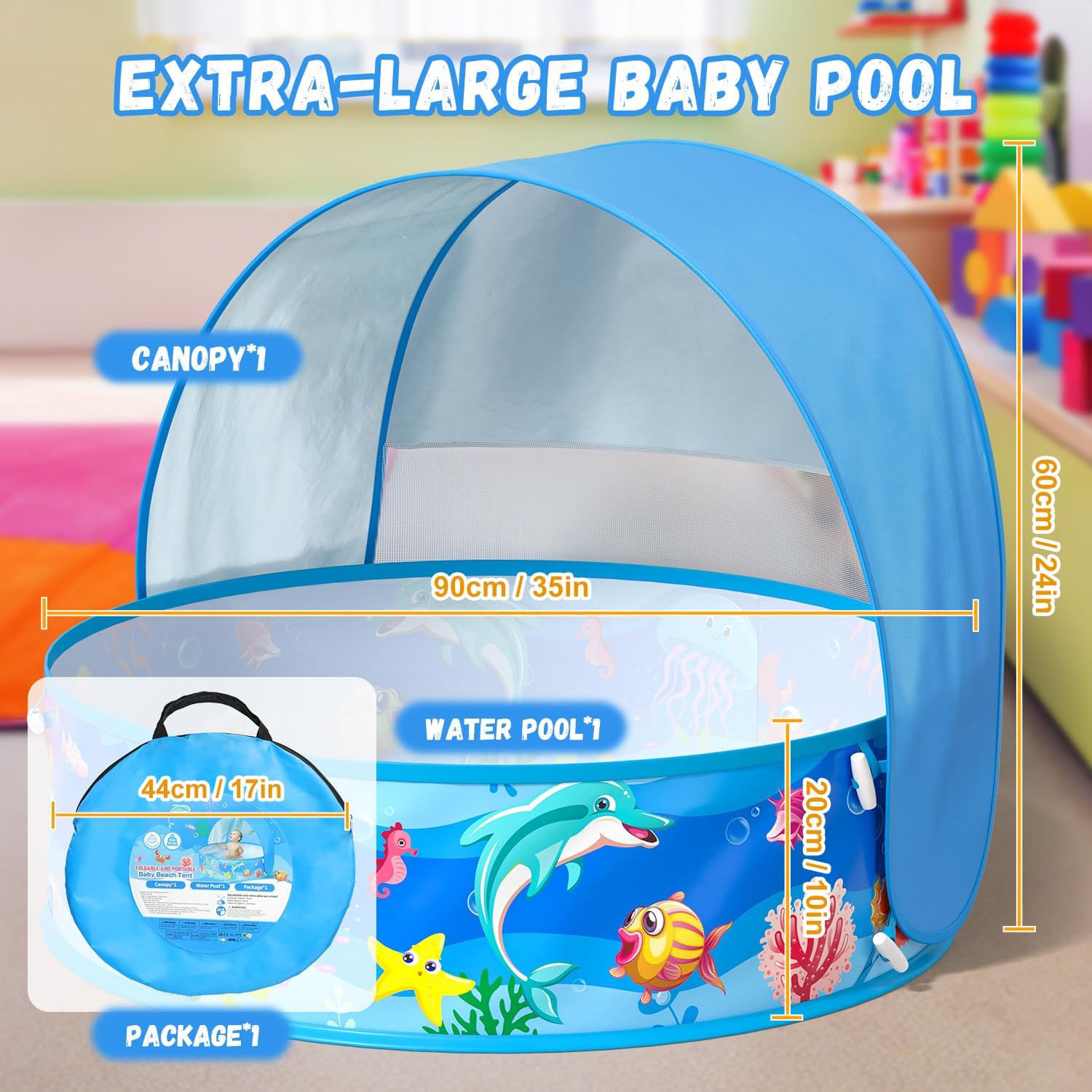 Thumbnail 5 de Baby Pool with Canopy Foldable Kiddie Pool with Sun Shade for Toddlers - 35-Inch Portable Water Play