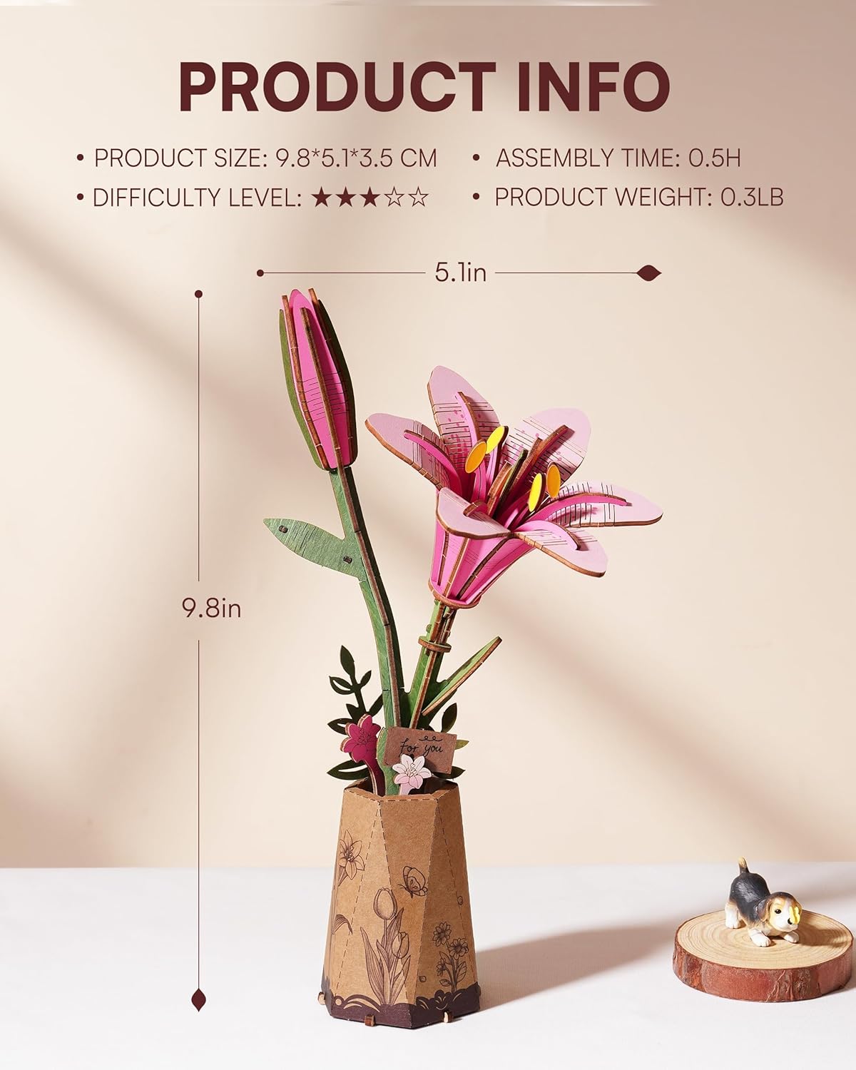 Thumbnail 4 de Wowood 3D Flower Wooden Puzzles for Adults - Pink Lily (73 PCS)