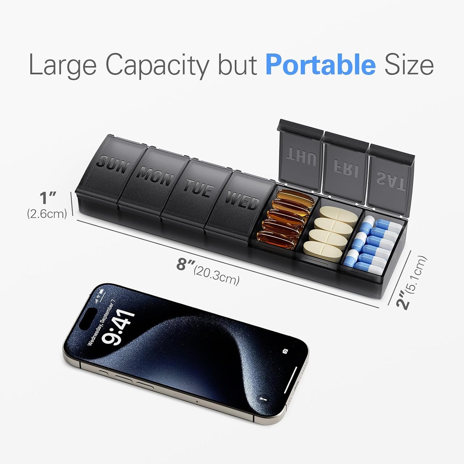 Thumbnail 6 de Barhon Large Weekly Pill Organizer, 7-Day Gray Case for Vitamins and Fish Oil