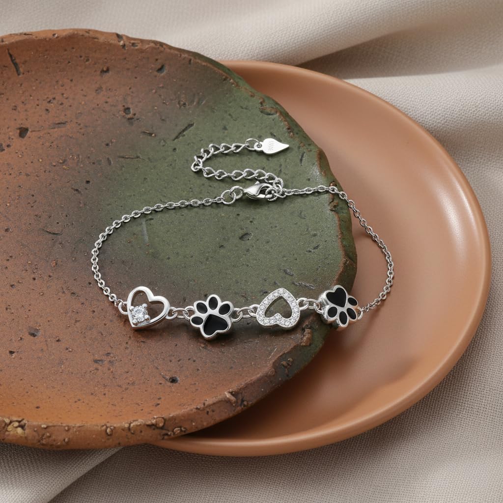 Detalle de Micory Bracelet Femme en Argent Sterling 925 Ajustable – Cœur et Empreinte d’Animaux
