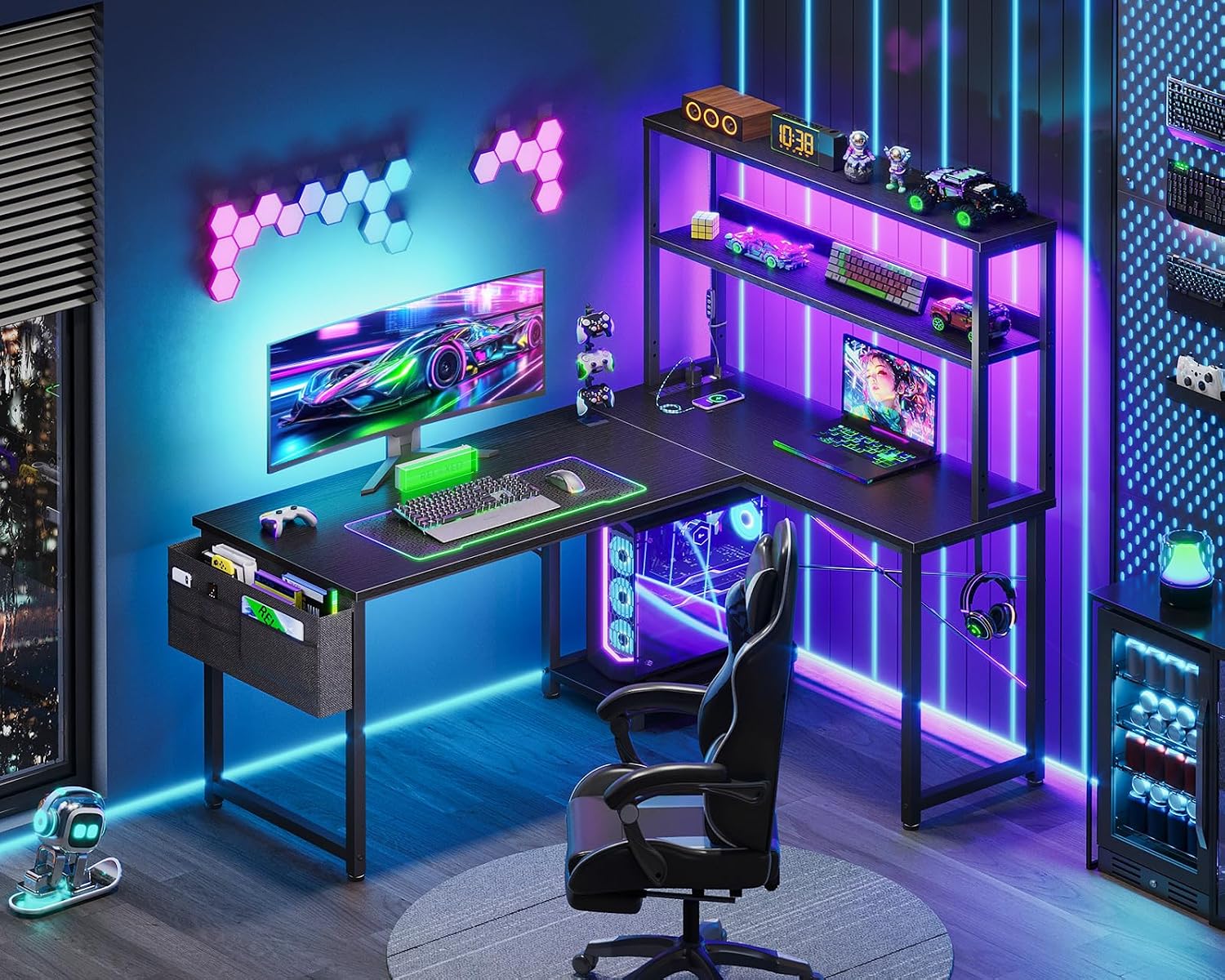 Thumbnail 1 de AODK 43-Inch Reversible L-Shaped Gaming Desk with LED Lights and Power Outlet