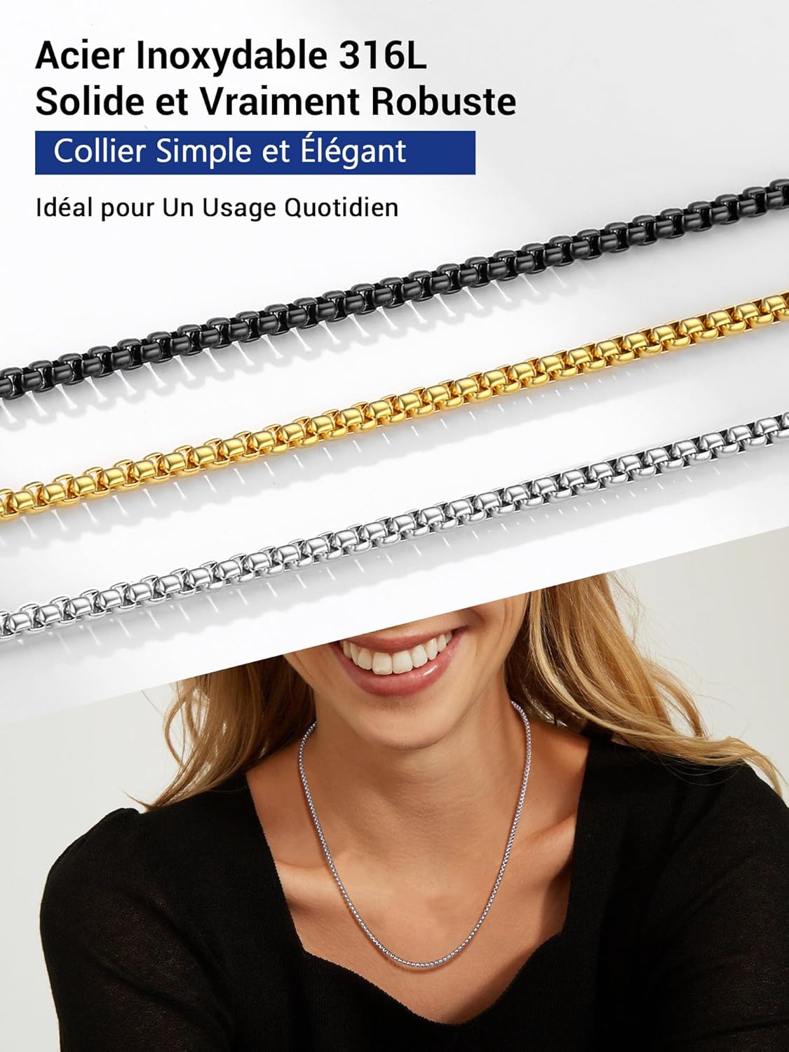 Thumbnail 6 de PROSTEEL Chaîne Collier Homme Maille Vénitienne Arrondie 3 mm – Acier Inoxydable + Plaqué Or/Métal Noir, Longueurs 46–81 cm