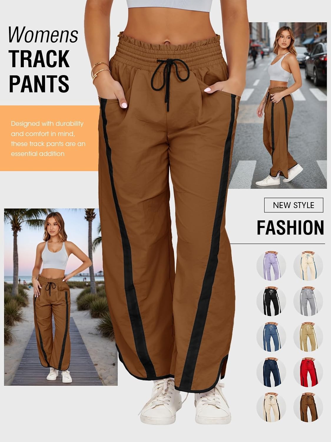 Detalle de Fisoew Women's Baggy Wide Leg Pants - Casual Drawstring, 7/8 Length, Polyamide Track Pants