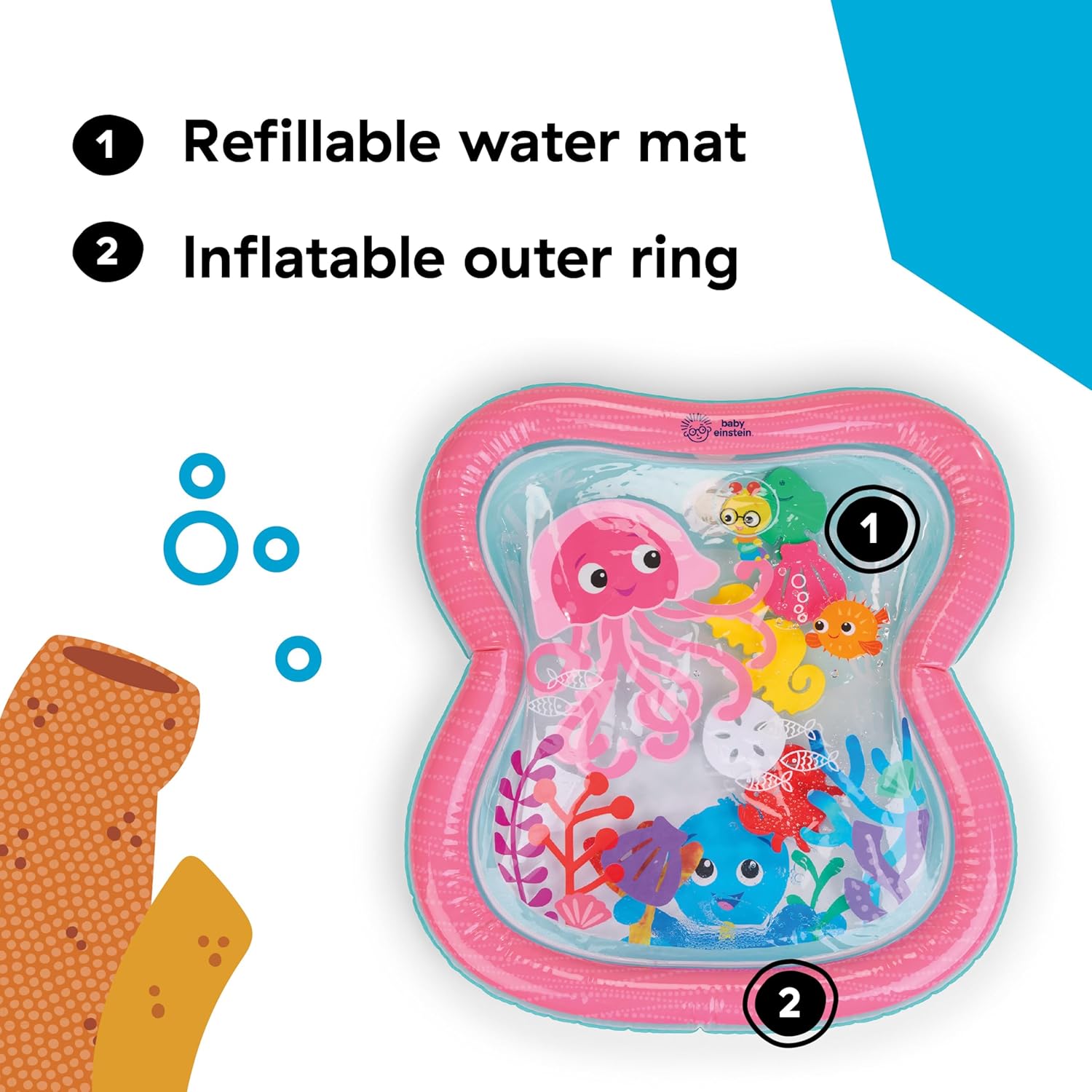 Detalle 2 de Baby Einstein Tapis d'eau Ocean Explorers Jiggling Janet – Tapis d’éveil 6 créatures marines, 0–36 mois, rose