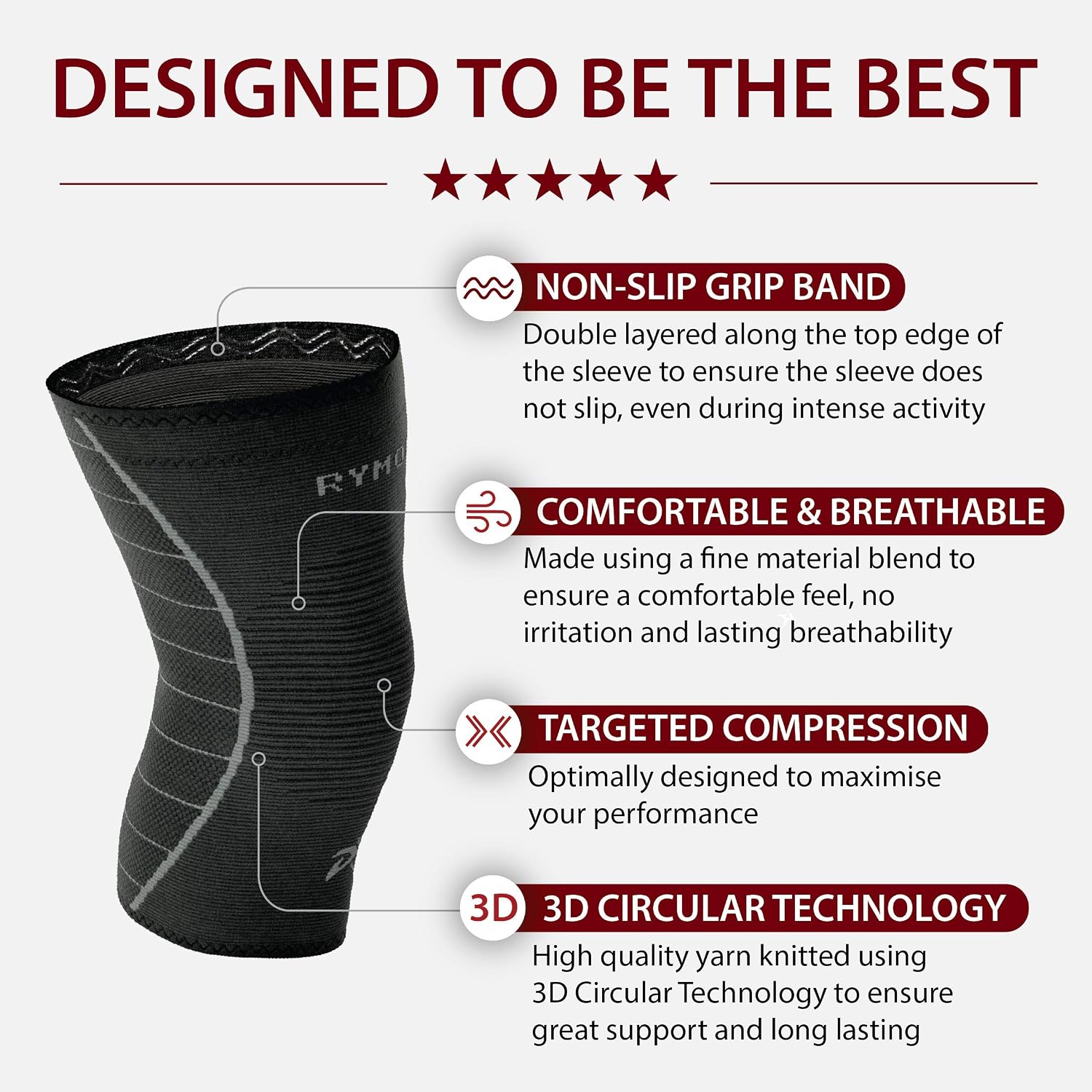 Detalle de Rymora Knee Support Compression Sleeve (Single Sleeve) – Black, XXL / 2XL for Men & Women