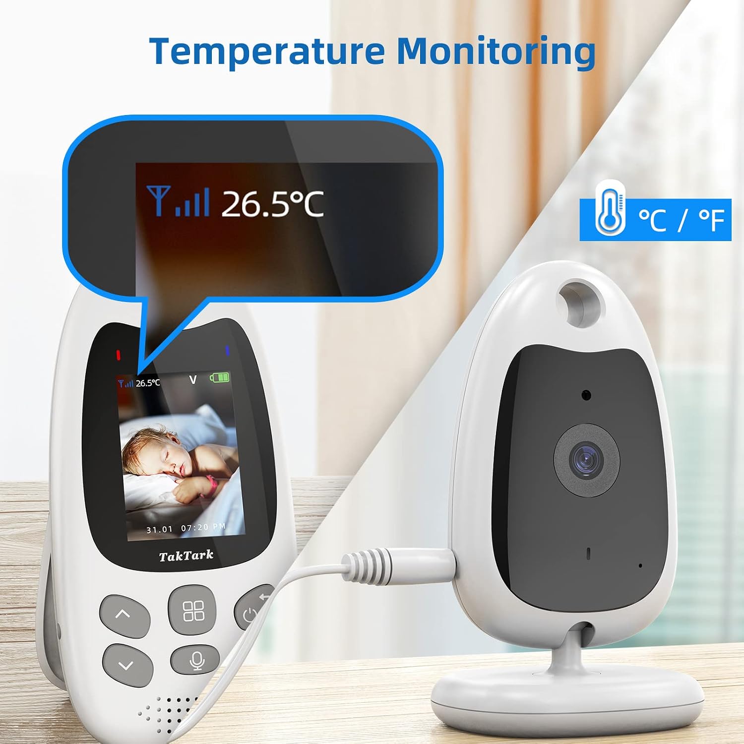 Detalle 2 de TakTark Babyphone vidéo 2,0 pouces LCD avec caméra 2,4 GHz : vision nocturne et communication bidirectionnelle