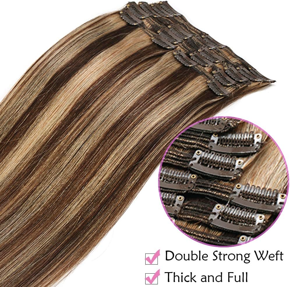 Detalle 2 de SEGO Extension Clip Capelli Veri Marrone Mix 4P27 – 45 cm, 18 Clip, 8 Fasce Remy a Doppia Tessitura