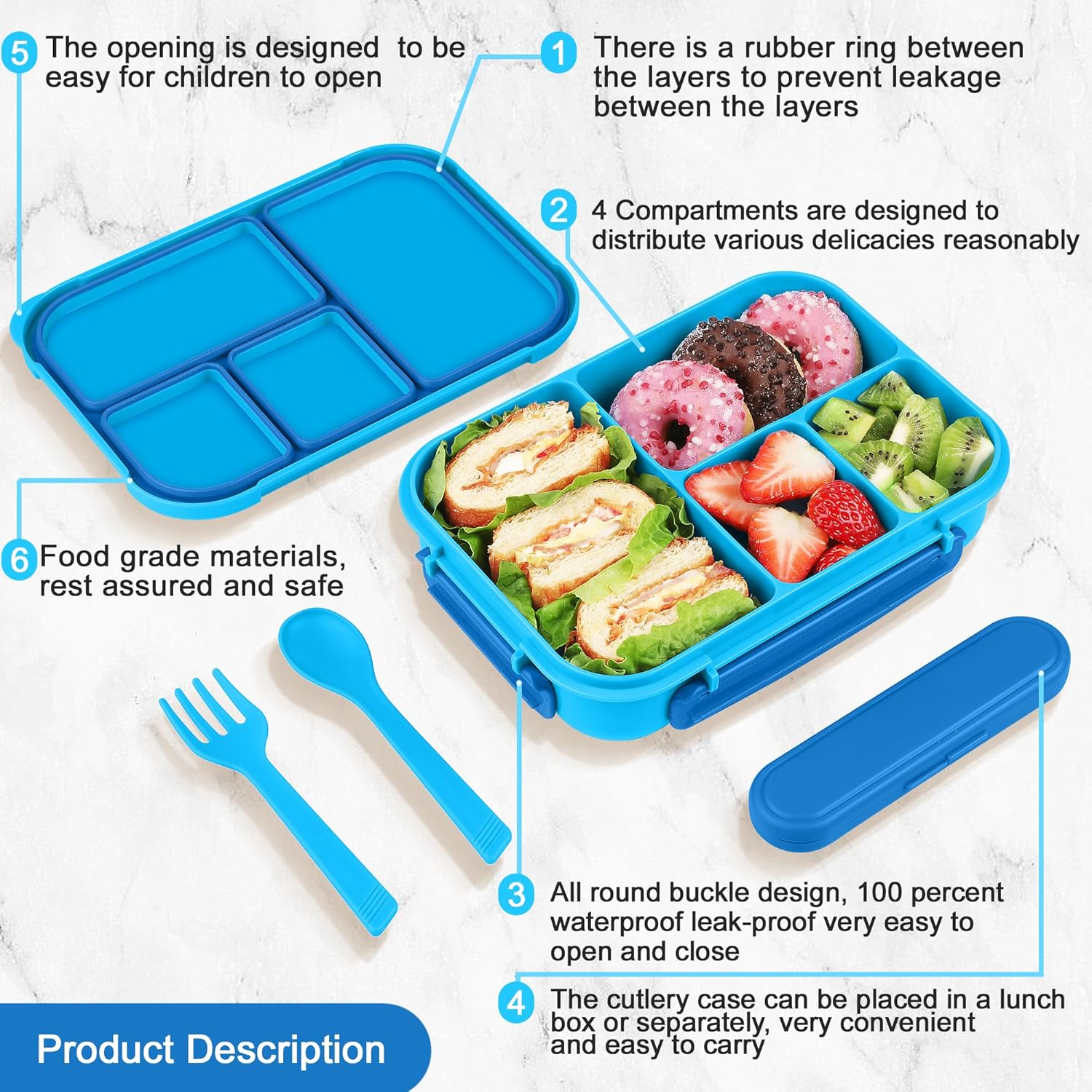 Detalle de Amathley Lunch Box: 1200ml 4-Compartment Bento for Kids and Adults