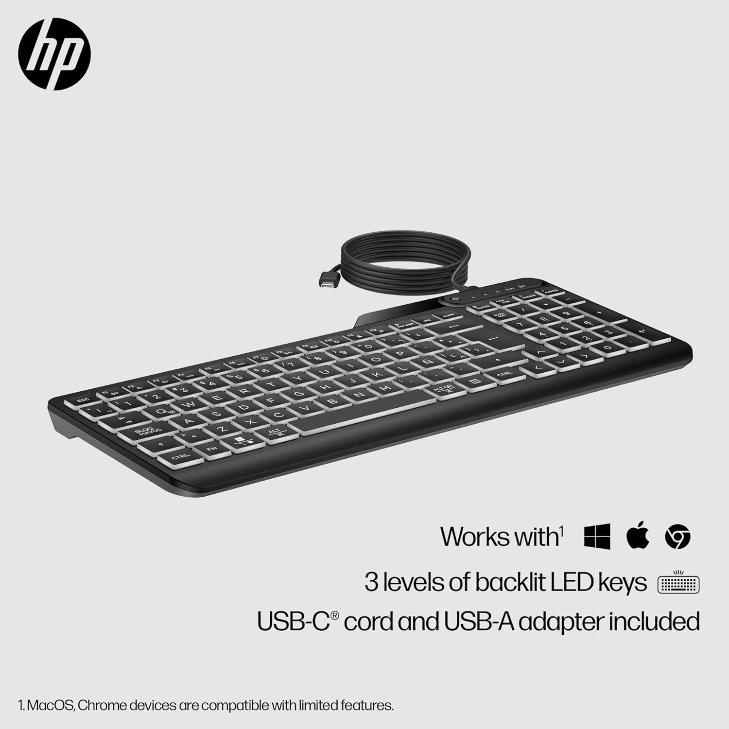 Thumbnail 6 de HP 400 Backlit Wired Keyboard (UK layout) with Warm White LEDs, 12 Programmable Keys, USB-C/USB-A