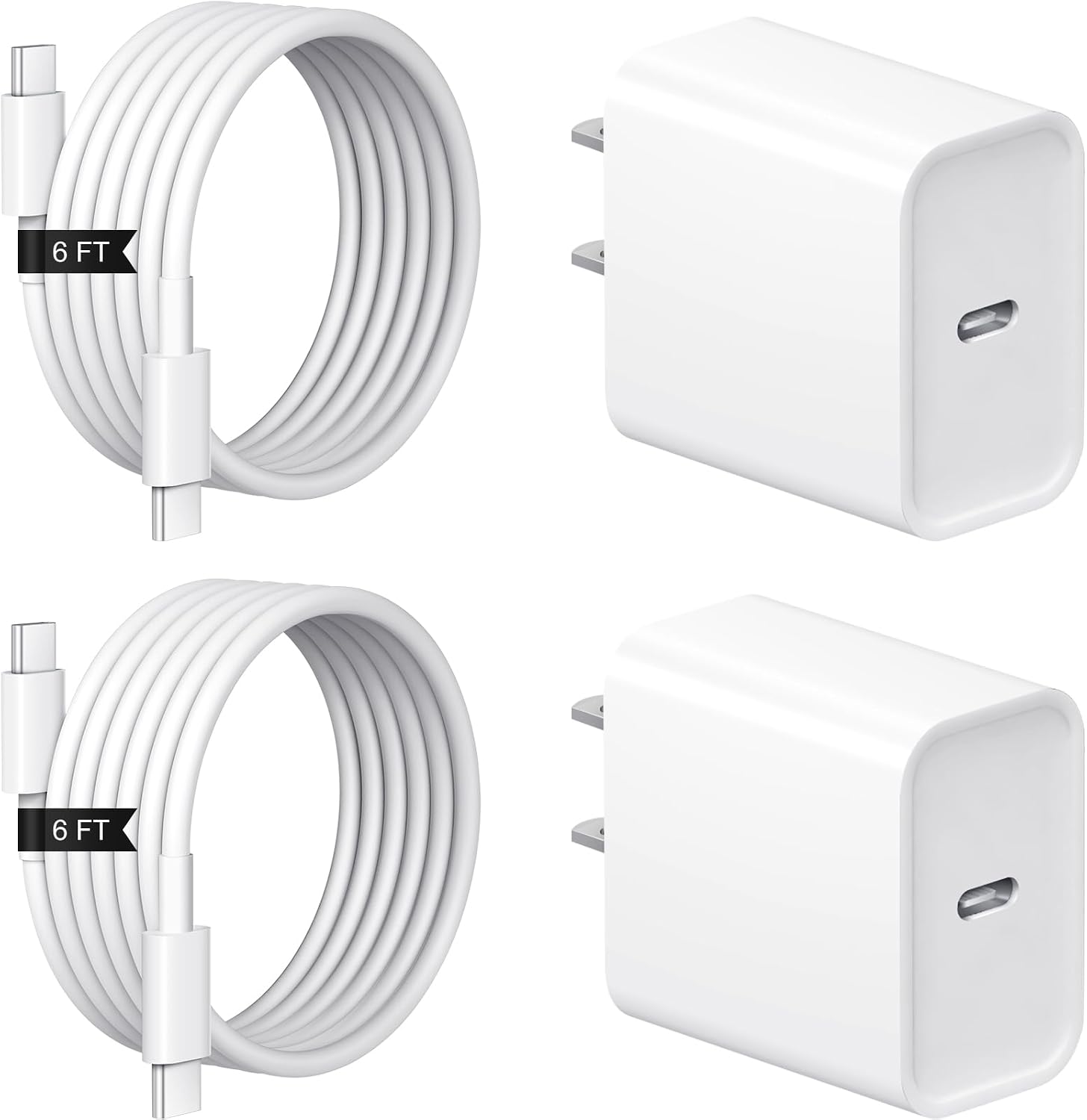 Detalle de 20W USB-C iPhone fast charger 2+2 pack with 6ft USB-C cable (compatible with iPhone 17/16/15, iPad Pro & Air, AirPods)