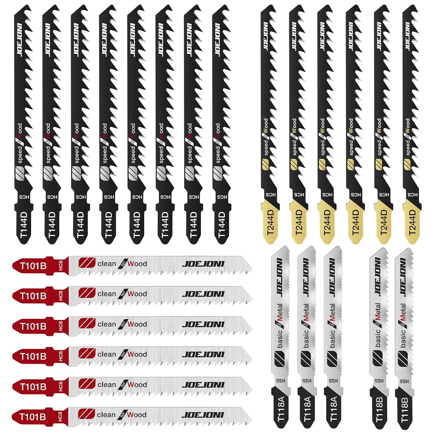 Detalle de JOEJONI Jigsaw Blades Set (25 PCS) with Storage Case – T-shank blades for wood, plastic and metal