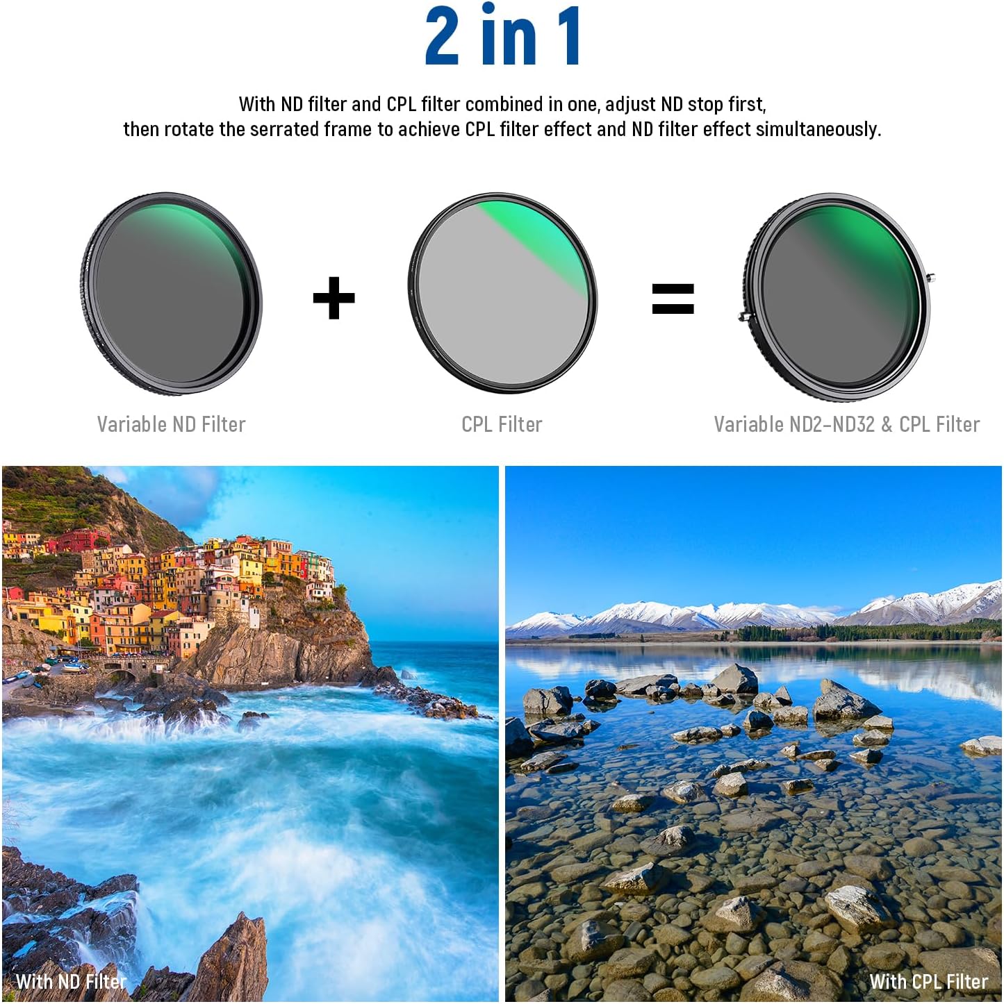 Detalle 2 de NEEWER 2 in 1 Filtro HD Variabile da 72mm ND2-ND32 e CPL