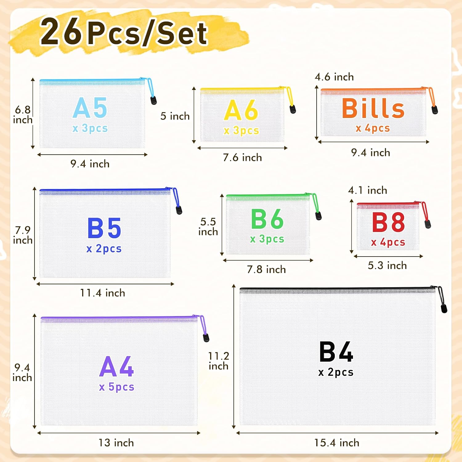 Thumbnail 1 de PAPEJOON 01 Mesh Zipper Pouch Bags, 26-Piece Set in 8 Sizes and Colors