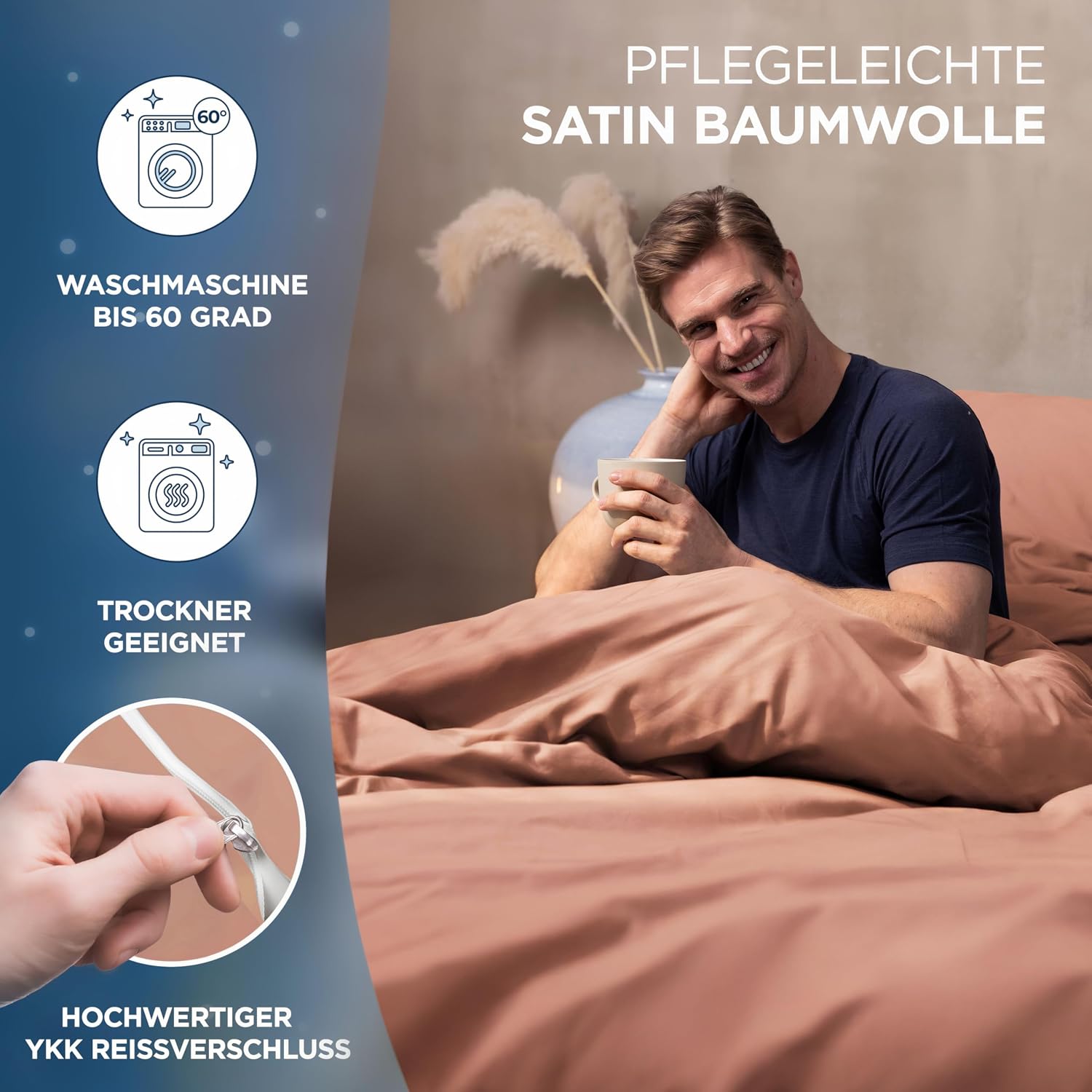 Detalle 2 de Samthus Bettwäsche 140x200 Baumwolle Satin – Haptik und Qualität in Mokka Braun