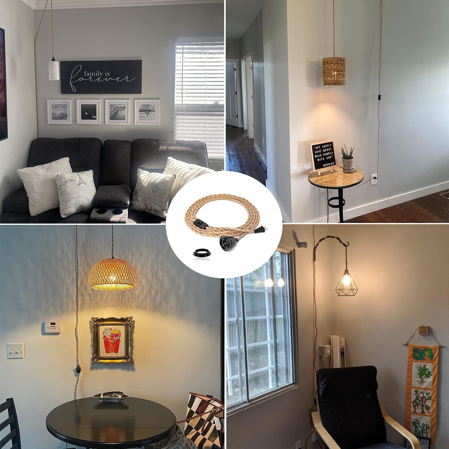Thumbnail 4 de FRIDEKO HOME Pendelleuchte-Set mit Schalter und Hanfseil, Vintage DIY für E27 (ohne Leuchtmittel)