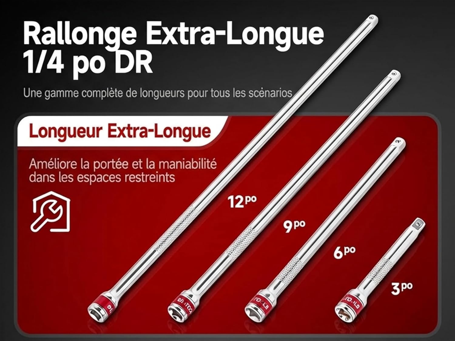 Thumbnail 6 de BILITOOLS – Jeu de 7 rallonges 1/4" avec joint Cardan et adaptateurs (75/150/225/300 mm) en acier Cr-V